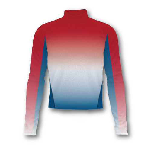 Flow Flex Top C006 performance long-sleeve top with red-to-white-to-blue gradient design, mock neck fit, and streamlined athletic silhouette for marching band and performance wear