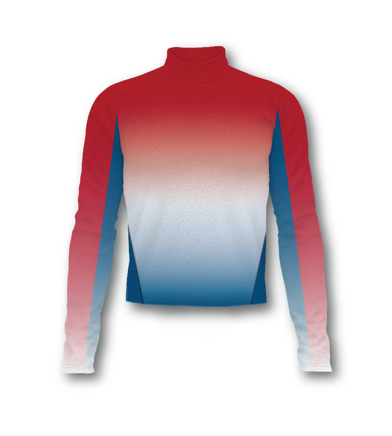 Flow Flex Top C006 performance long-sleeve top with red-to-white-to-blue gradient design, mock neck fit, and streamlined athletic silhouette for marching band and performance wear