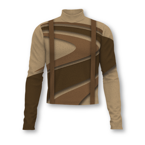 Flow Flex Top C001 performance uniform top featuring abstract brown and tan swirl design with long sleeves and mock neck for marching band wear
