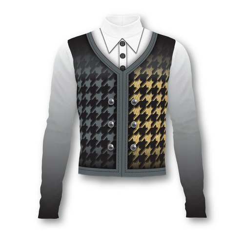 Flow Flex Top C007 performance uniform top featuring a formal vest-style design with black and gold houndstooth pattern, decorative buttons, and long sleeves, designed for marching band and performance wear