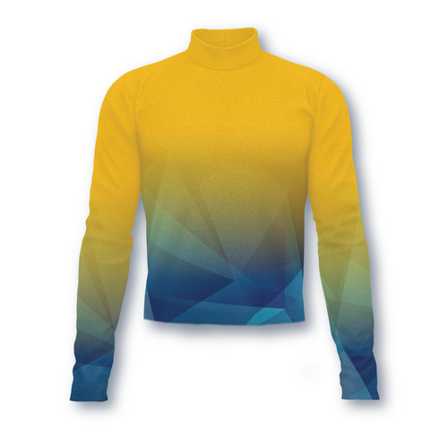 Flow Flex Top C008 long-sleeve performance top with high-neck design and yellow-to-blue gradient pattern, front view of athletic fit uniform top