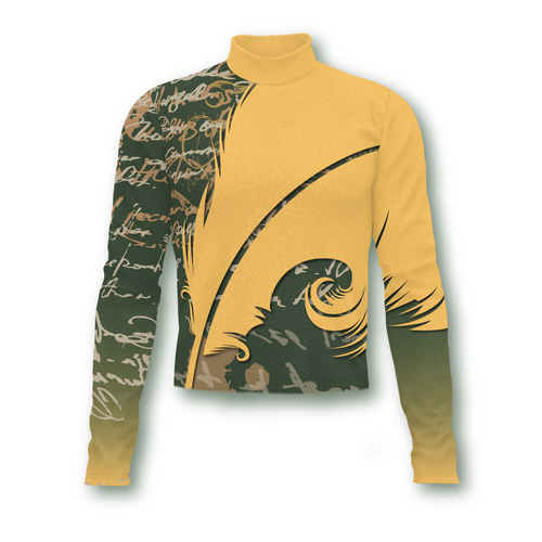 Flow Flex Top C009 performance marching band top featuring gold and olive color blocking with abstract wave and script graphics, long sleeves, and mock neck design for athletic uniform wear