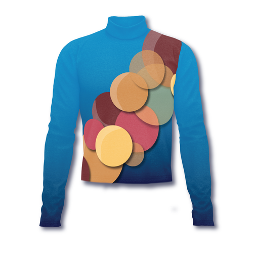 Flow Flex Top C002 long-sleeve performance uniform top featuring a blue base with layered multicolor circular graphic design, mock neck collar, and athletic fit for marching band and performance wear