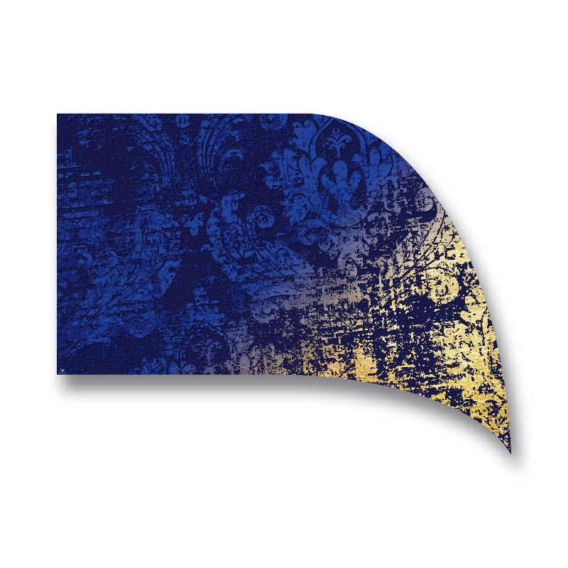 A digital print poly China silk flag featuring a teardrop shape with a blue background and gold floral patterns.