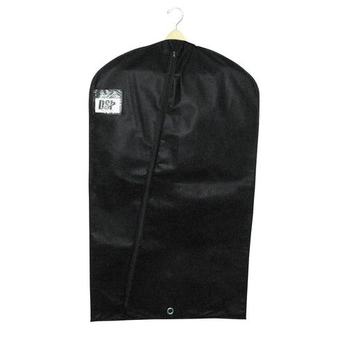 DSI 44-inch Softek garment bag with durable black fabric, zippered closure, hanging hook, and ID window, designed for protecting marching band uniforms during storage and transport.