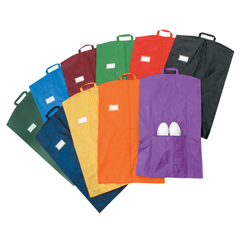 DSI 40" Poly-Soft garment bags in assorted colors featuring zip closure, carry handle, ID window, and shoe pocket for travel, uniforms, and performance apparel storage.