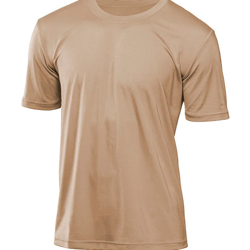 DSI Coremax loose fit compression shirt in tan color, featuring a lightweight moisture-wicking performance fabric with short sleeves and a crew neckline, designed for training, sports, and active wear.