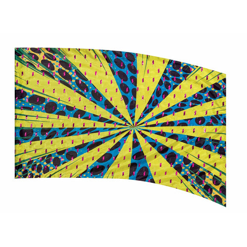A curved decorative flag with a geometric pattern featuring yellow and blue colors.
