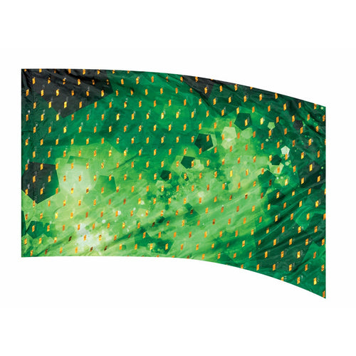 A curved decorative flag with a green color and a pattern that resembles a starry night sky.