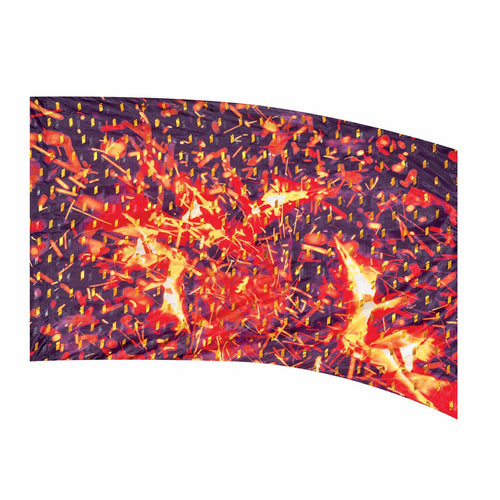 A curved decorative flag with a geometric pattern featuring a blend of red, orange, and black colors.
