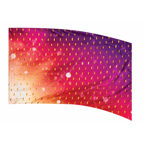 A curved decorative flag with a gradient of pink to purple and yellow at the top, featuring a pattern of white dots and small, irregular shapes.