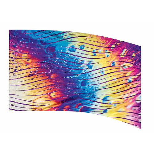 A colorful flag with a pattern of wavy lines in blue, purple, and yellow.