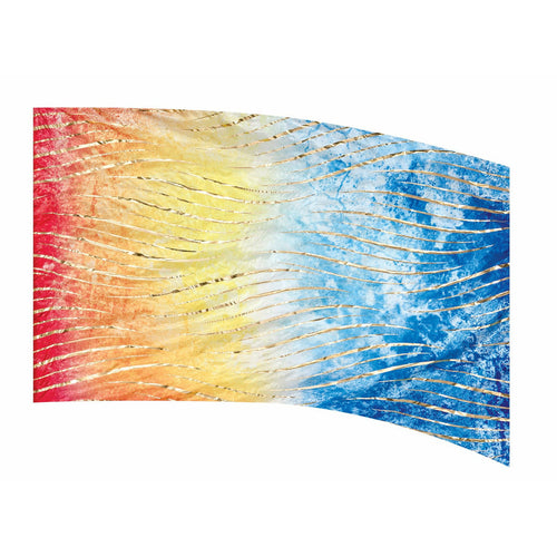 A multicolored flag with a textured, almost abstract design, predominantly in shades of red, blue, and yellow.