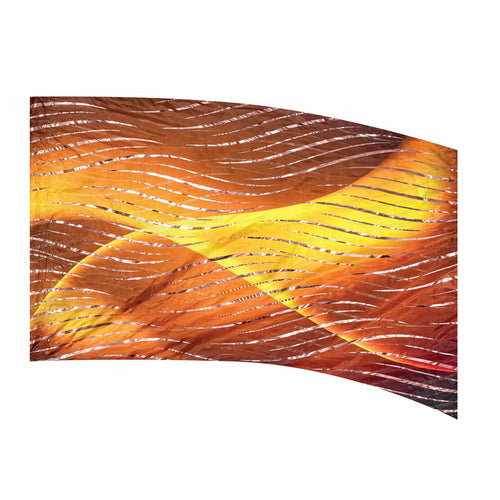 A rectangular flag with a geometric pattern featuring angles and curves, primarily in orange, yellow, and brown colors.