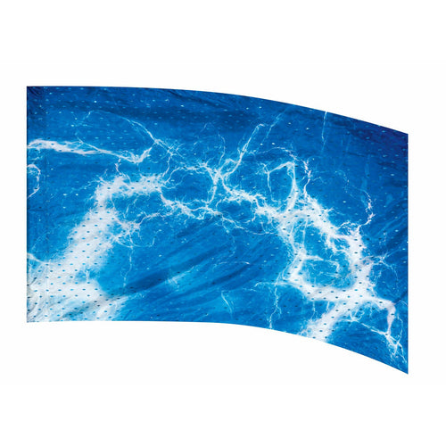 A curved outdoor flag with a blue design that resembles water or electricity.