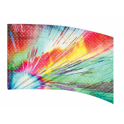A curved decorative flag with a multicolored geometric pattern.