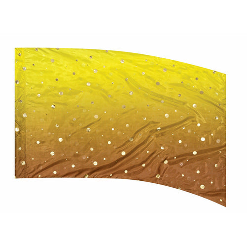 A curved decorative flag with a gradient of yellow to brown and a pattern of white dots.