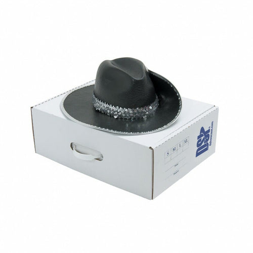 DSI Aussie marching band hat in black with sparkling sequin band, displayed on a branded storage box, designed for drum major and marching band performances.