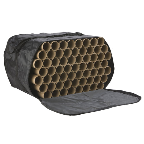 DSI 63-piece plume case shown open with internal cardboard tube organizer, durable black fabric construction, zippered access panel, and large-capacity design for storing and transporting marching band plumes.