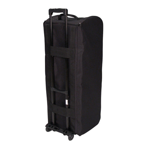 DSI 105-piece plume case (13¾-inch) with built-in rolling cart, featuring durable black padded exterior, zippered closure, telescoping handle, and wheels for easy transport and storage of marching band plumes.