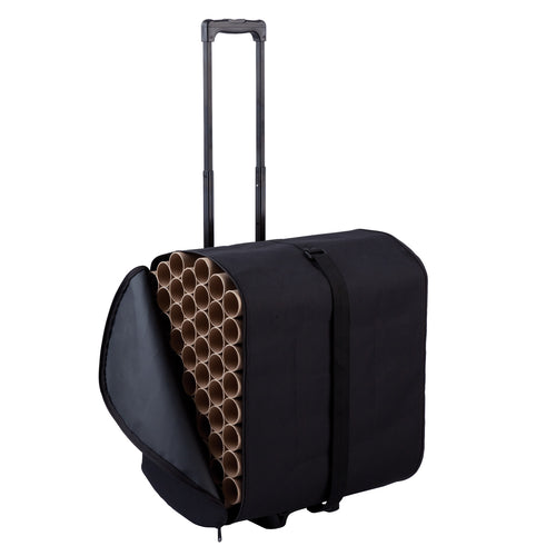 DSI 63-piece plume case (20″) with rolling cart, featuring durable black exterior, internal tube compartments for band plumes, zippered closure, and telescopic handle for easy transport.