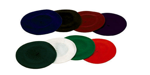 DSI marching band berets displayed in multiple colors, including navy, black, maroon, purple, green, white, and red, designed for uniformed marching band and color guard performances.