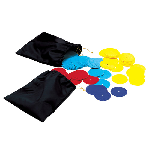DSI drill markers set with multicolor round floor markers (yellow, blue, red, and navy) displayed alongside black drawstring storage bags, designed for marching band and drill team field positioning.