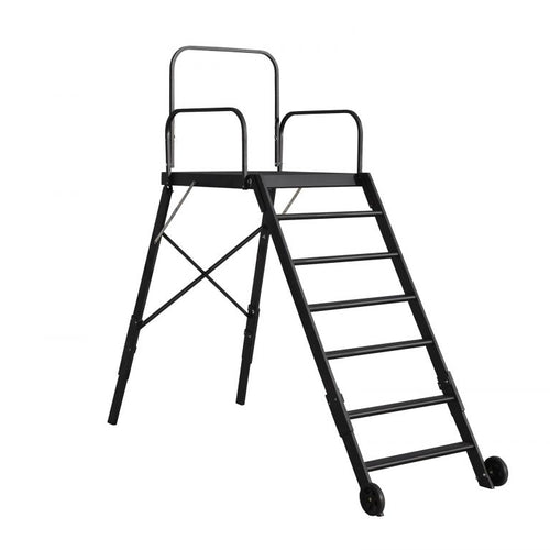 DSI 20-inch podium extensions attached to a 52-inch conductor podium, featuring sturdy black metal frames, integrated safety railings, and ladder-style steps to safely increase height for marching band and drum major performances.