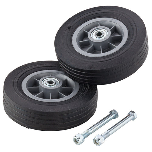 DSI 8-inch solid rubber tires with included mounting bolts, featuring durable non-marking rubber wheels and metal hubs, designed for smooth, maintenance-free mobility of conductor podiums and marching band equipment.