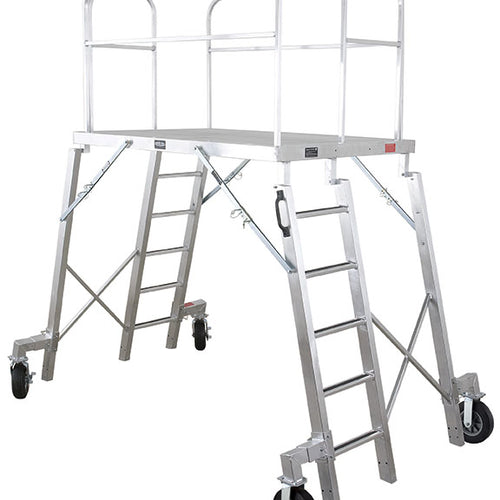 DSI transport package for conductor podium featuring an aluminum elevated platform with dual access ladders, safety guardrails, cross-braced frame, and heavy-duty caster wheels for easy mobility, transport, and stable use by marching band and field conductors.