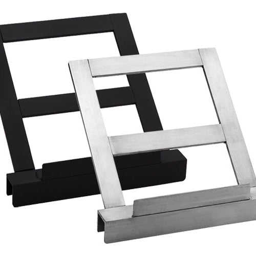 Tablet attachment stand for conductor podiums, featuring adjustable metal frame in black and silver finishes, designed to securely hold tablets or sheet music during marching band rehearsals, performances, and competitions.