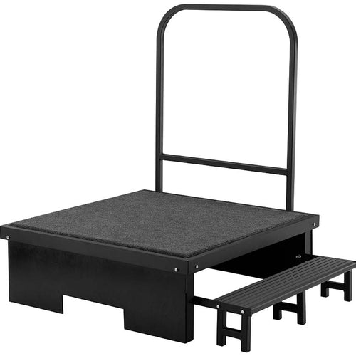DSI Deluxe Concert Podium featuring a sturdy black platform with carpeted standing surface, rear safety handrail, and integrated step for easy access, designed for conductors, band directors, and concert performances.