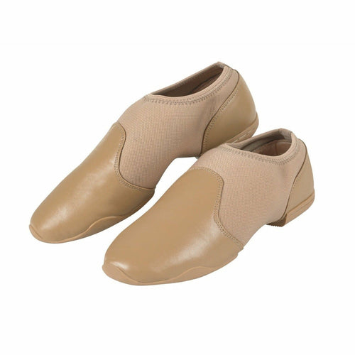 StylePlus S-FIVE beige slip-on dance shoes featuring a smooth leather toe, stretch fabric upper, and low-profile flexible sole, designed for jazz dance, studio practice, rehearsals, and stage performance.