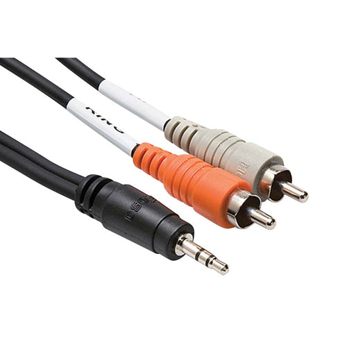 DSI 6-foot stereo mini to RCA audio cable featuring a 3.5 mm male connector and dual red-and-white RCA plugs, designed for connecting phones, tablets, laptops, or metronomes to sound machines, speakers, amplifiers, and rehearsal audio systems used in marching band, drumline, and live performance environments.