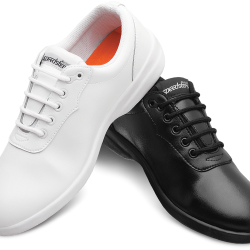 Drillmaster Speedster marching shoes in black and white, featuring a sleek low-profile design with smooth leather upper, lace-up closure, lightweight cushioned sole, and flexible construction engineered for marching band and drill team performers who need agility, comfort, and precise foot control during rehearsals and field performances.