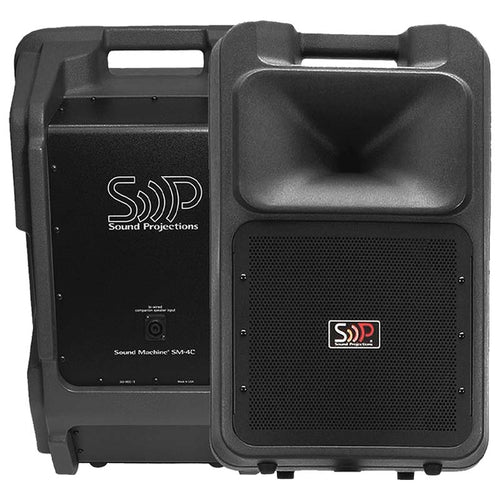 DSI Sound Machine Companion Speaker shown in front and rear view, featuring a rugged portable powered speaker with integrated carry handle, high-output horn and speaker grille, and rear input panel designed to pair with the DSI Sound Machine system for expanded sound coverage during marching band rehearsals, field instruction, and outdoor performances.