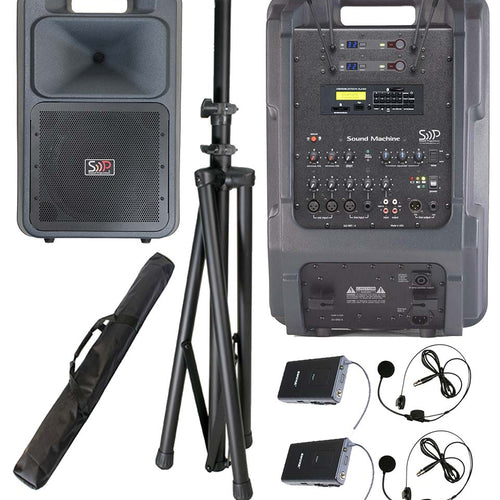 DSI Sound Machine complete audio system shown with front and rear view of the powered speaker, featuring built-in mixer controls, dual wireless receivers, and multiple input/output ports, accompanied by a tripod speaker stand, carry bag, and two wireless headset microphones, designed for marching band rehearsals, field instruction, and outdoor performance sound reinforcement.