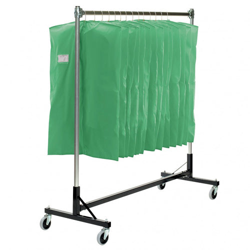 DSI “H” style uniform storage rack with heavy-duty metal frame and rolling casters, holding multiple green garment bags for secure marching band and performance uniform storage and transport.