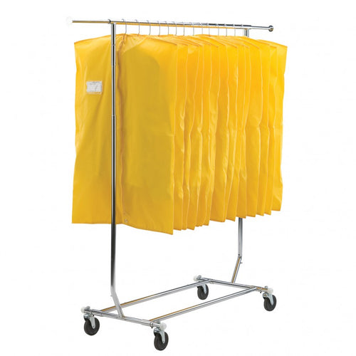 DSI collapsible uniform storage rack with rolling wheels, featuring a chrome metal frame holding multiple yellow garment bags for organized band and marching uniform storage and transport.