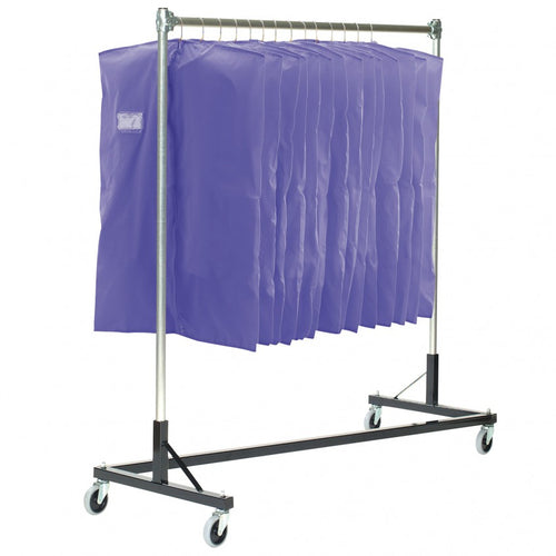 DSI “Z” style uniform storage rack with wheeled base, shown holding multiple garment bags on a heavy-duty metal frame, featuring smooth-rolling casters and space-efficient design for marching band uniform storage and transport.