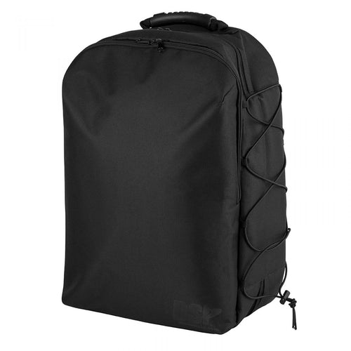 DSI Carry-All band and color guard backpack featuring durable black fabric, spacious main compartment, padded top handle, zippered closure, and side compression cords for marching band equipment and travel use.
