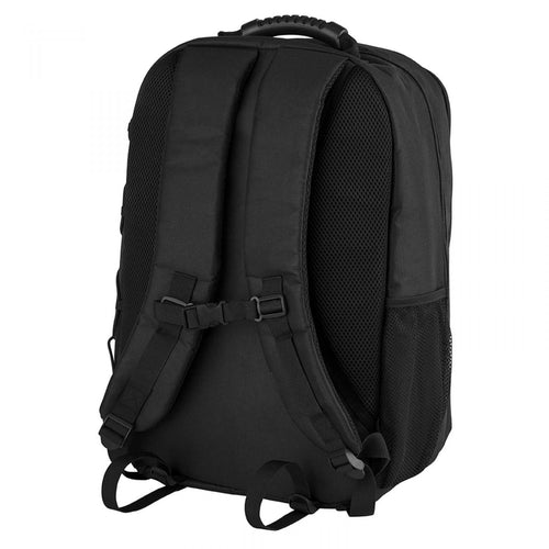 Back view of DSI Carry-All band and color guard backpack with padded ergonomic shoulder straps, breathable mesh back panel, adjustable chest strap, and durable black construction for comfortable marching band transport.