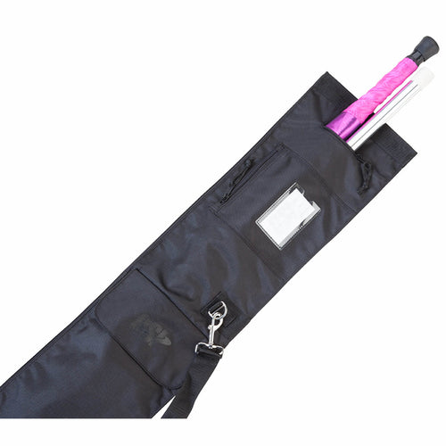 DSI 6-foot super strength personal equipment bag with 3D bottom, featuring durable black fabric, reinforced base, zippered pockets, ID window, shoulder strap, and space for color guard poles and accessories.