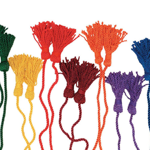 DSI colored baton cords in multiple vibrant colors including black, green, yellow, red, orange, burgundy, purple, blue, and white, twisted rope design for marching band batons and drum major accessories.