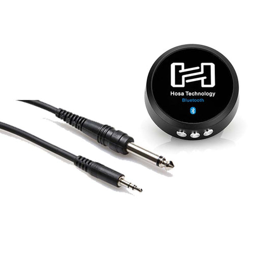 DSI BT-3 Bluetooth Connector featuring a compact Hosa Technology Bluetooth audio receiver with 1/4-inch and 3.5mm audio cables, designed for wireless music and audio playback when connected to the DSI Sound Machine, ideal for marching band rehearsals, field practice, and portable sound system integration.
