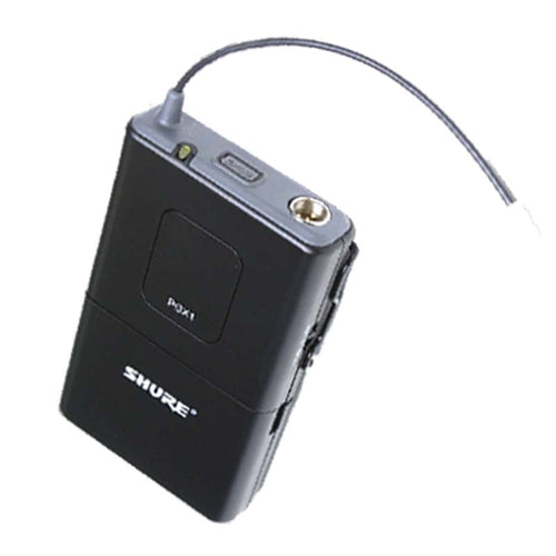 DSI Body Pack Transmitter shown as a compact black wireless bodypack with attached antenna and audio input jack, branded by Shure, designed for reliable hands-free audio transmission in marching band performances, rehearsals, field instruction, and live sound applications when paired with the DSI Sound Machine system.