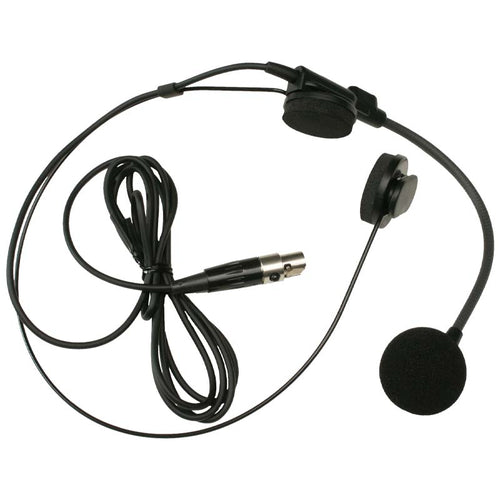 DSI headset boom microphone with adjustable headband, foam windscreen, and XLR connector, designed for hands-free voice amplification, clear audio pickup, and reliable performance when used with wireless body pack transmitters for marching band instruction, rehearsals, and live field performances.