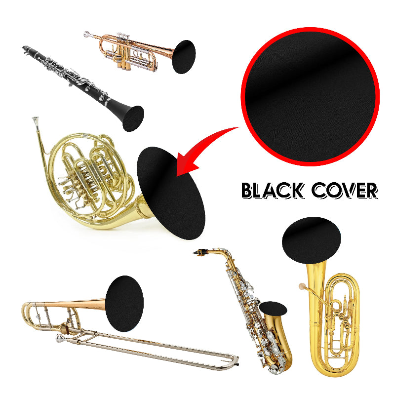 A collection of brass and woodwind instrument bells covered with black covers, displayed with a clarinet, flute, oboe, and trumpet among others.