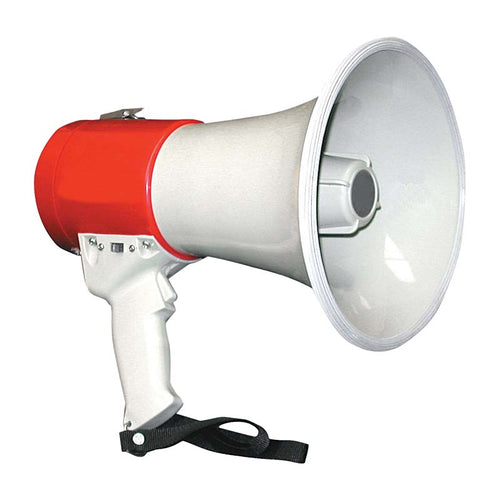 DSI Clarion handheld megaphone with red-and-white body and ergonomic grip, featuring a high-output bullhorn speaker for loud, clear voice projection—ideal for crowd control, sporting events, emergency announcements, and public address use.