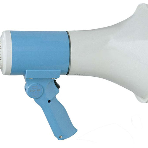 DSI Conductor handheld megaphone with blue-and-white body and ergonomic pistol-grip handle, designed for clear voice amplification during band direction, rehearsals, crowd management, sporting events, and outdoor announcements.